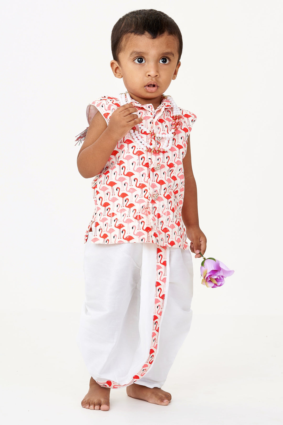 The Nesavu Boys Dothi Set Boys White Dothi Set with Red Flamingo Print Jacket in Cotton Blend Fabric Nesavu 12 (3M) / Red BES684B-12 Boys White Dothi Set Red Flamingo Print Jacket Cotton Blend | The Nesavu