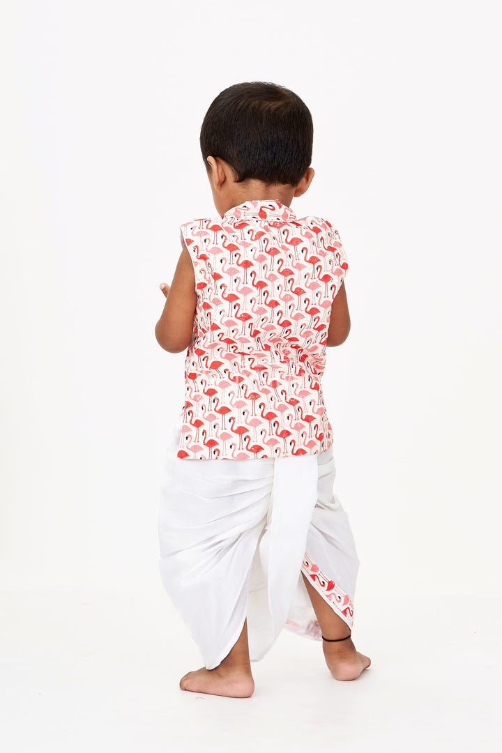 The Nesavu Boys Dothi Set Boys White Dothi Set with Red Flamingo Print Jacket in Cotton Blend Fabric Nesavu Boys White Dothi Set Red Flamingo Print Jacket Cotton Blend | The Nesavu