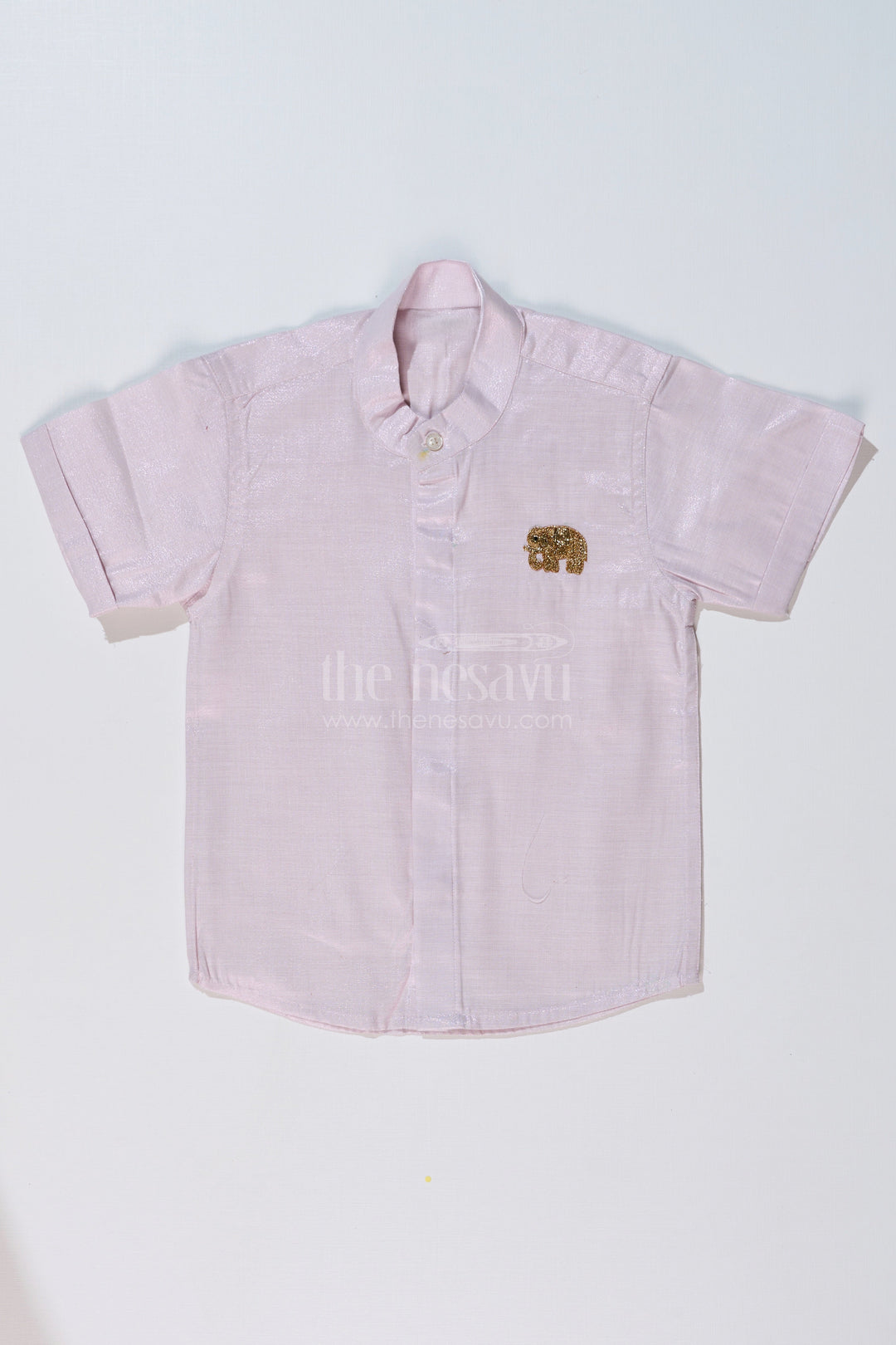 The Nesavu Boys Silk Shirt Boys White Half Shirt with Embroidered Elephant Motif and Mandarin Collar Nesavu 16 (1Y) / Silver BS222AB-16 Boys White Half Shirt Elephant Embroidery Mandarin Collar | The Nesavu