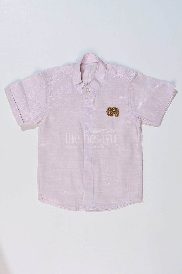The Nesavu Boys Silk Shirt Boys White Half Shirt with Embroidered Elephant Motif and Mandarin Collar Nesavu 16 (1Y) / Silver BS222AB-16 Boys White Half Shirt Elephant Embroidery Mandarin Collar | The Nesavu