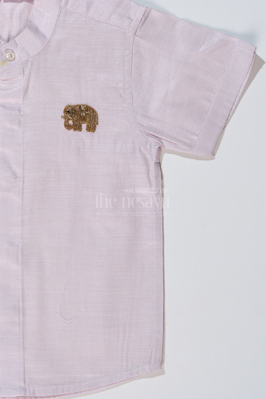 The Nesavu Boys Silk Shirt Boys White Half Shirt with Embroidered Elephant Motif and Mandarin Collar Nesavu Boys White Half Shirt Elephant Embroidery Mandarin Collar | The Nesavu