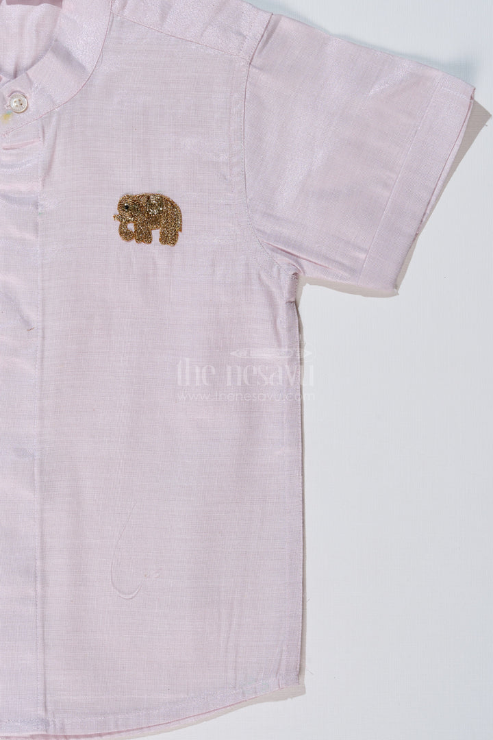 The Nesavu Boys Silk Shirt Boys White Half Shirt with Embroidered Elephant Motif and Mandarin Collar Nesavu Boys White Half Shirt Elephant Embroidery Mandarin Collar | The Nesavu