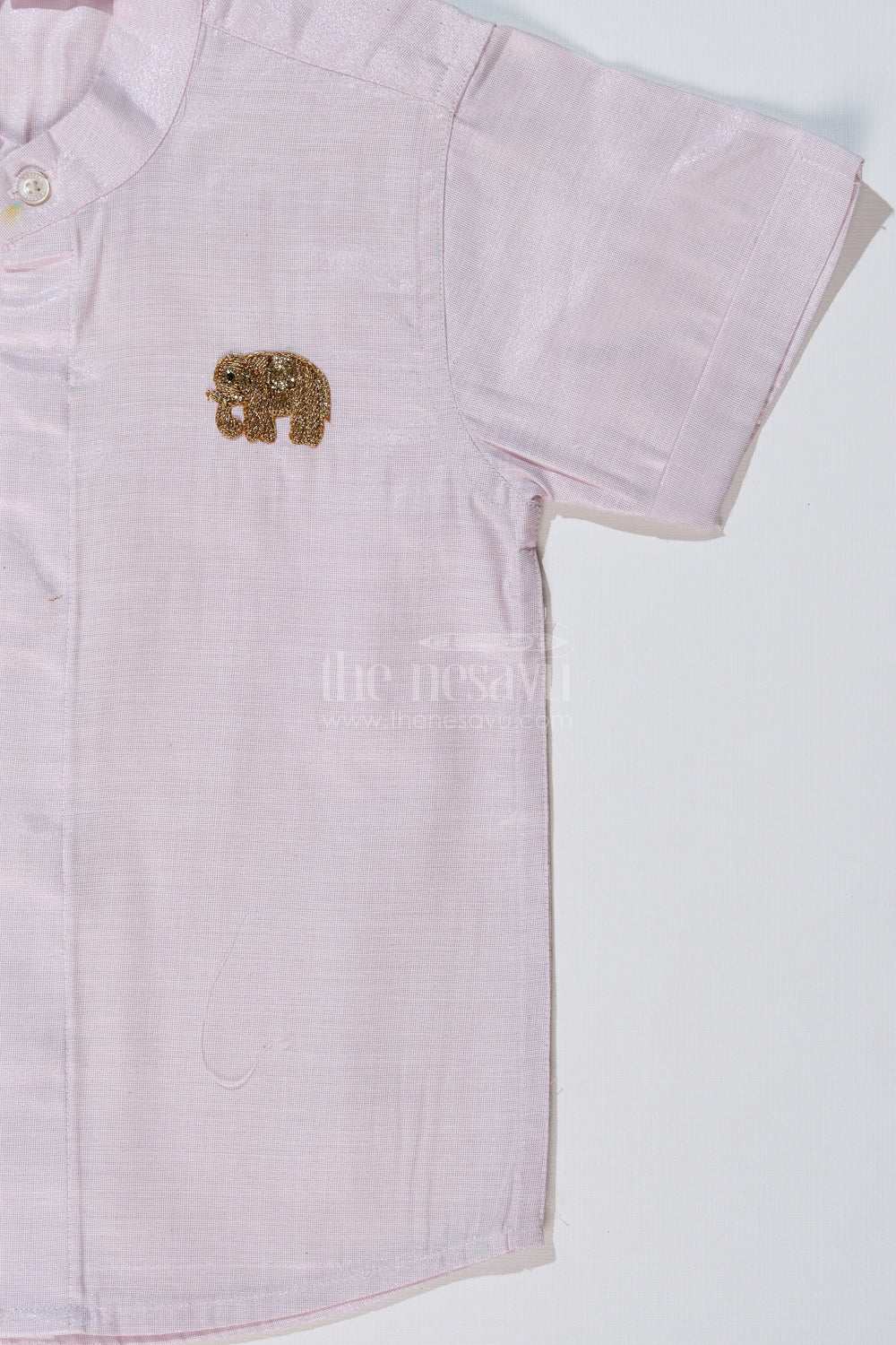 The Nesavu Boys Silk Shirt Boys White Half Shirt with Embroidered Elephant Motif and Mandarin Collar Nesavu Nesavu Boys White Half Shirt Elephant Embroidery Mandarin Collar