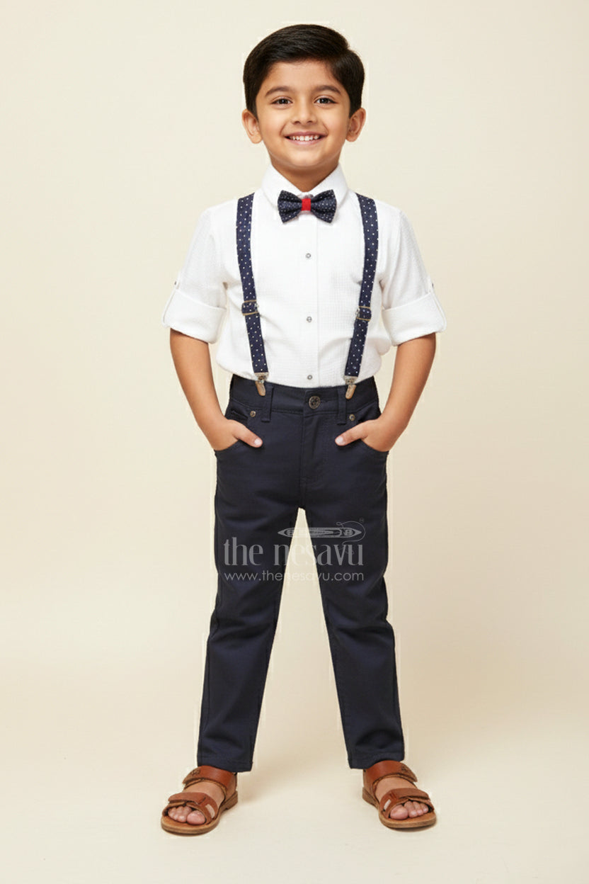 The Nesavu Boys Casual Set Boys White Party Outfit with Suspenders and Cap Set Nesavu 14 (6M) / Blue / Style 1 BCS398AA-14 Nesavu boys formal party outfit with bowtie, suspenders, and cap perfect for birthdays and weddings