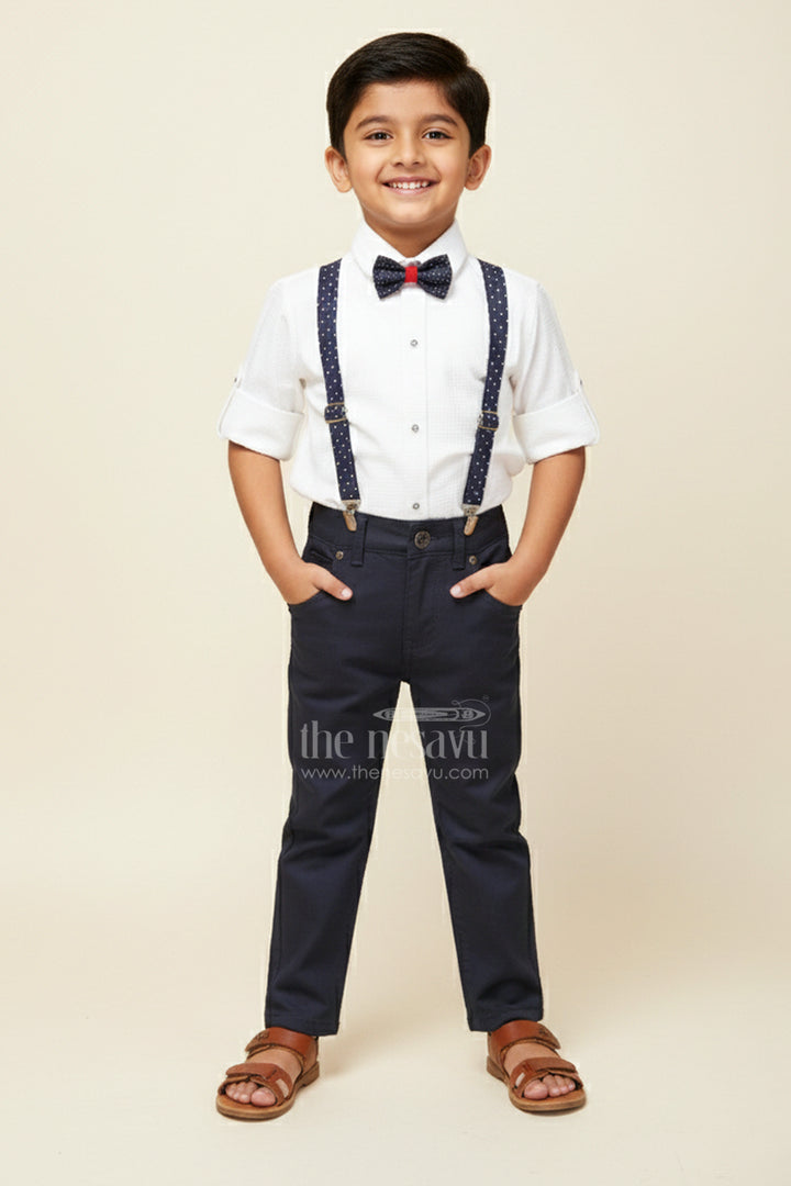 The Nesavu Boys Casual Set Boys White Party Outfit with Suspenders and Cap Set Nesavu 14 (6M) / Blue / Style 1 BCS398AA-14 Nesavu boys formal party outfit with bowtie, suspenders, and cap perfect for birthdays and weddings