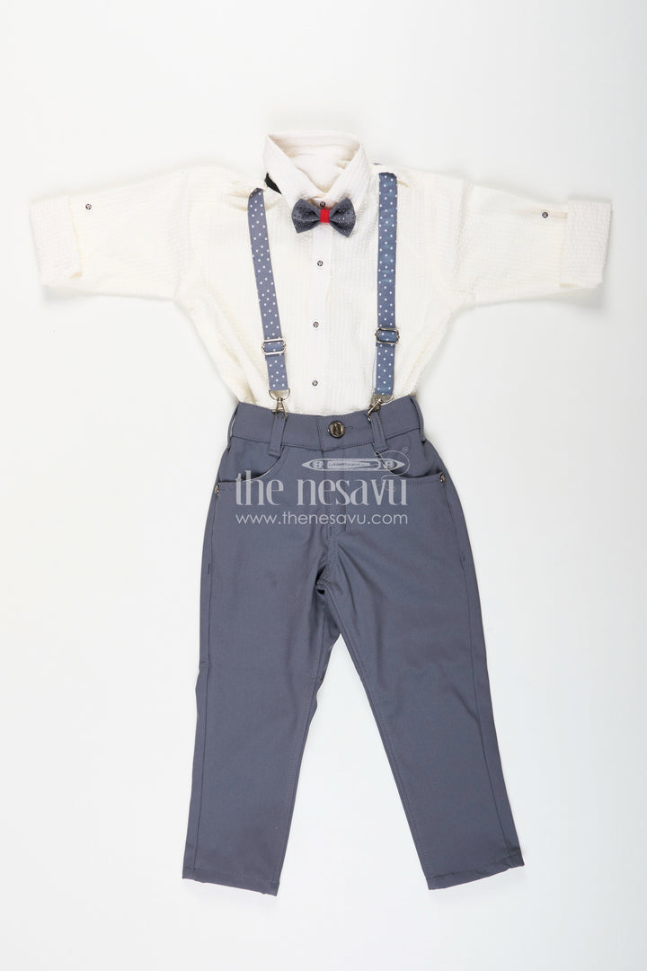 The Nesavu Boys Casual Set Boys white party outfit with suspenders and cap set Nesavu 14 (6M) / Blue / Style 3 BCS398AC-14 Nesavu boys formal party outfit with bowtie, suspenders, and cap perfect for birthdays and weddings