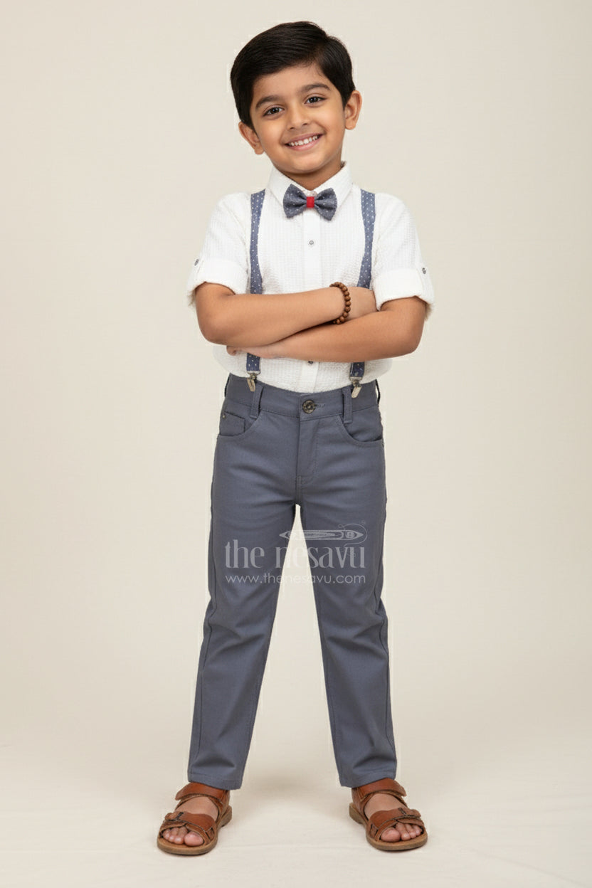 The Nesavu Boys Casual Set Boys White Party Outfit with Suspenders and Cap Set Nesavu 14 (6M) / Blue / Style 3 BCS398AC-14 Nesavu boys formal party outfit with bowtie, suspenders, and cap perfect for birthdays and weddings