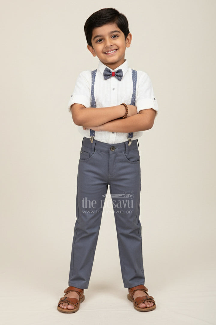 The Nesavu Boys Casual Set Boys White Party Outfit with Suspenders and Cap Set Nesavu 14 (6M) / Blue / Style 3 BCS398AC-14 Nesavu boys formal party outfit with bowtie, suspenders, and cap perfect for birthdays and weddings