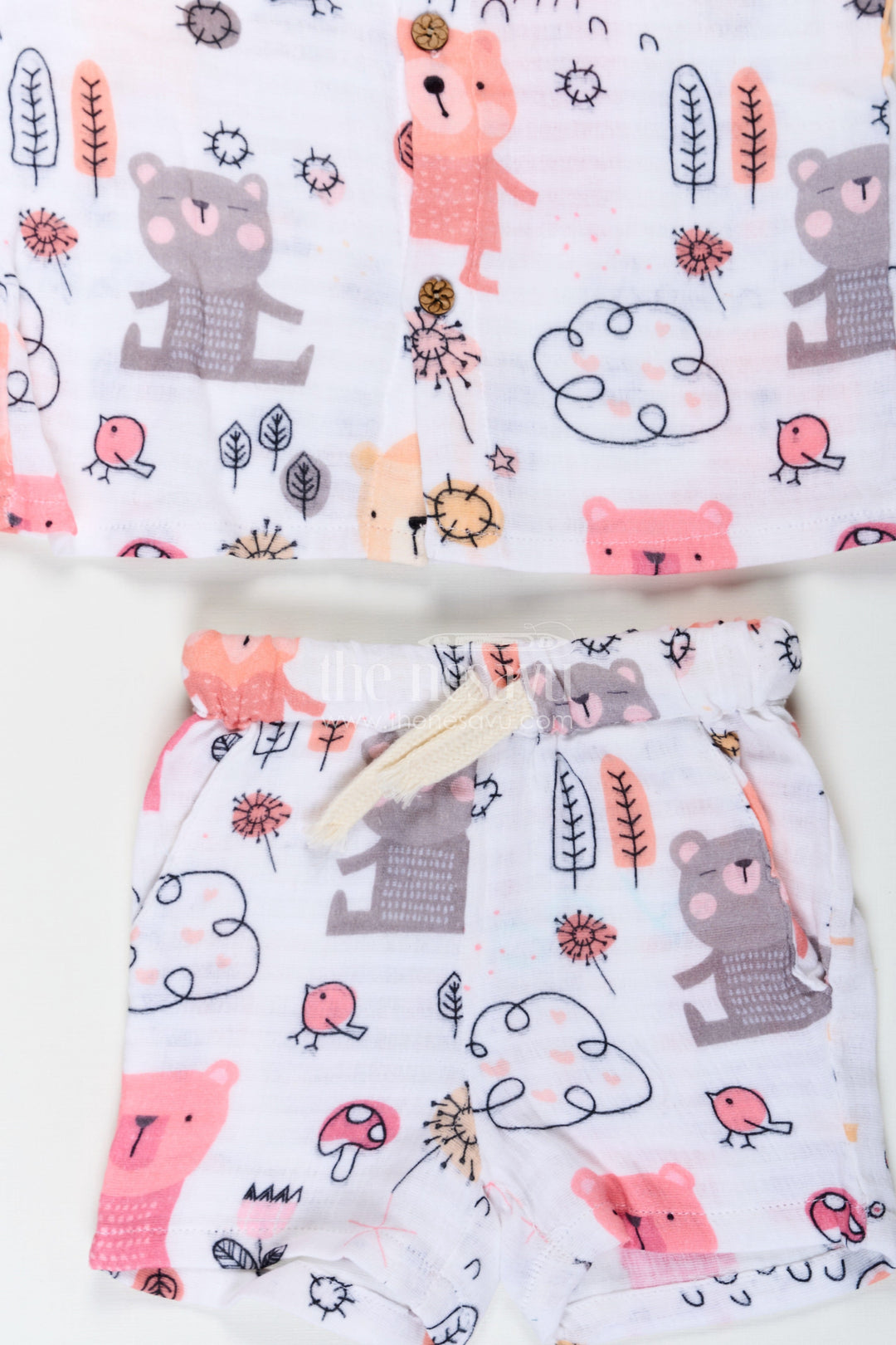 The Nesavu Boys Casual Set Boys White Short Sleeve Casual Shirt Set with Bear and Nature Print in Lightweight Muslin for Playful Outfits Nesavu Boys White Short Sleeve Casual Shirt Set with Bear Print | The Nesavu