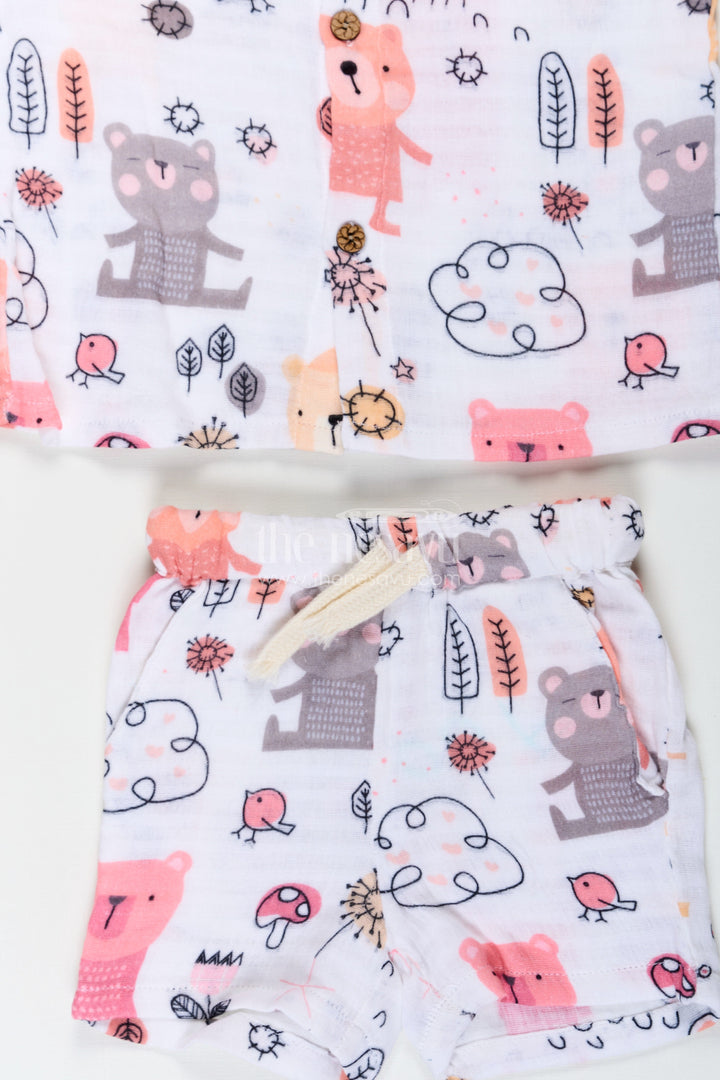 The Nesavu Boys Casual Set Boys White Short Sleeve Casual Shirt Set with Bear and Nature Print in Lightweight Muslin for Playful Outfits Nesavu Boys White Short Sleeve Casual Shirt Set with Bear Print | The Nesavu