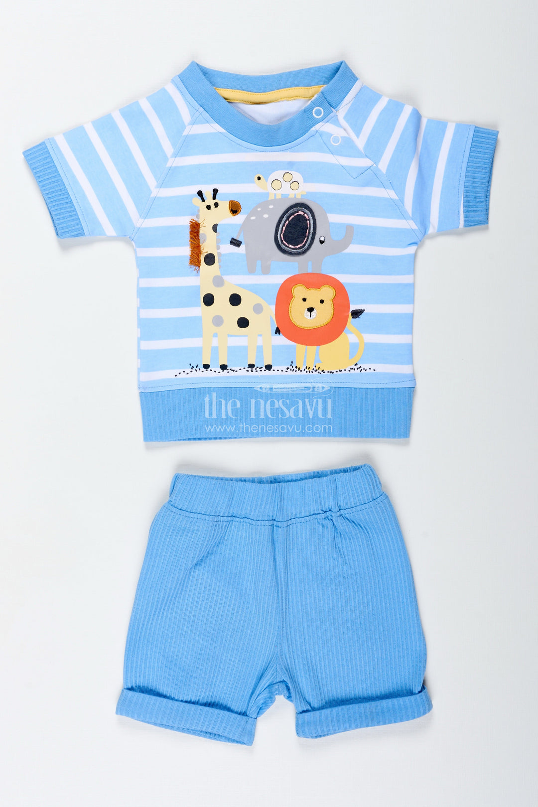 The Nesavu Boys Casual Set Boys White Stripes Dress Set in Cotton with Animal Digital Print and Blue Shorts for Everyday Adventures Nesavu 14 (6M) / Blue BCS289B-14 Nesavu Boys White Stripes Dress Set Animal Digital Print Tee Soft Cotton Blue Shorts