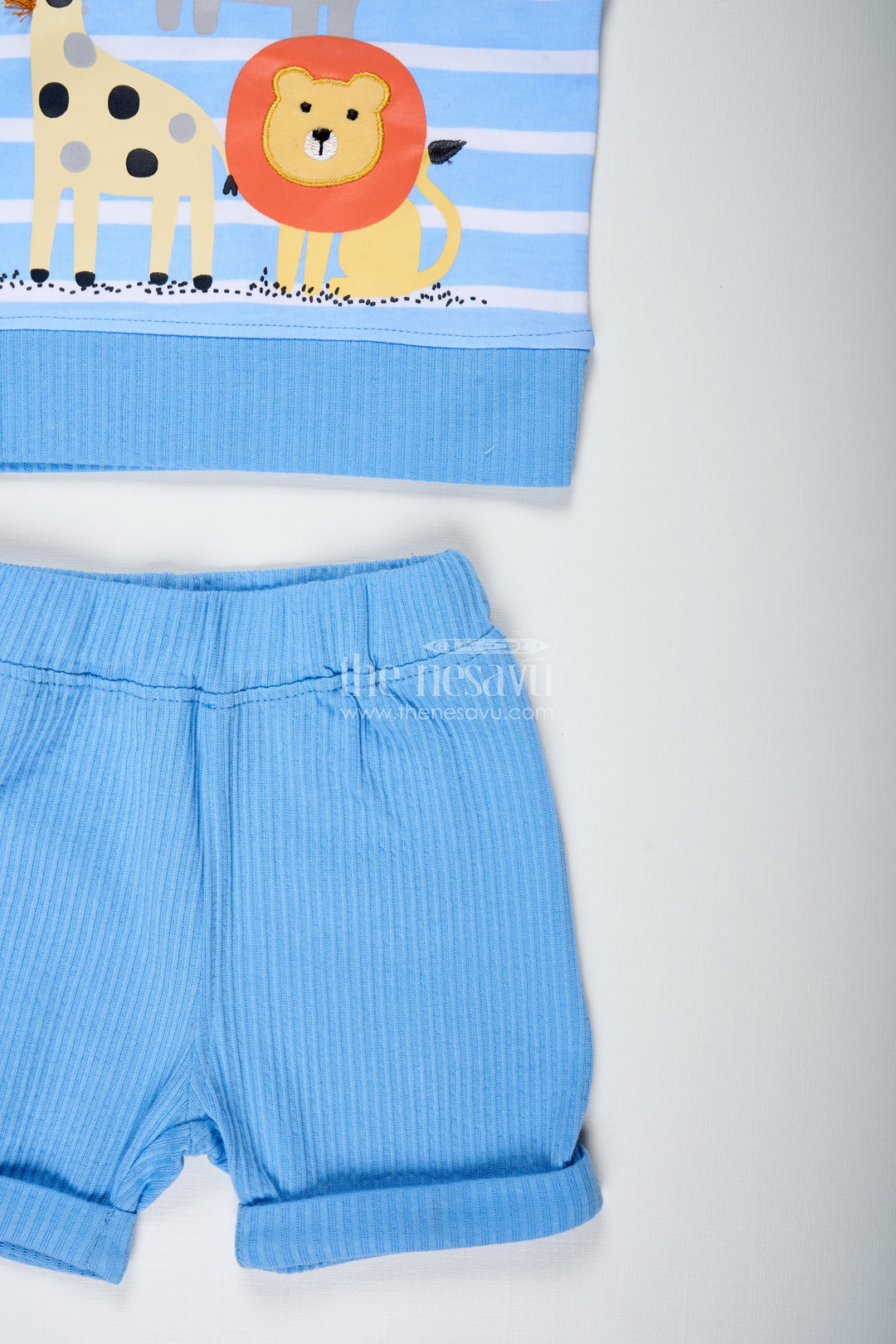 The Nesavu Boys Casual Set Boys White Stripes Dress Set in Cotton with Animal Digital Print and Blue Shorts for Everyday Adventures Nesavu Nesavu Boys White Stripes Dress Set Animal Digital Print Tee Soft Cotton Blue Shorts