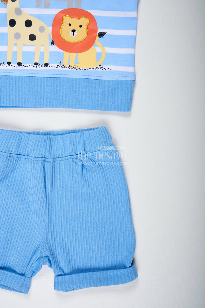The Nesavu Boys Casual Set Boys White Stripes Dress Set in Cotton with Animal Digital Print and Blue Shorts for Everyday Adventures Nesavu Nesavu Boys White Stripes Dress Set Animal Digital Print Tee Soft Cotton Blue Shorts