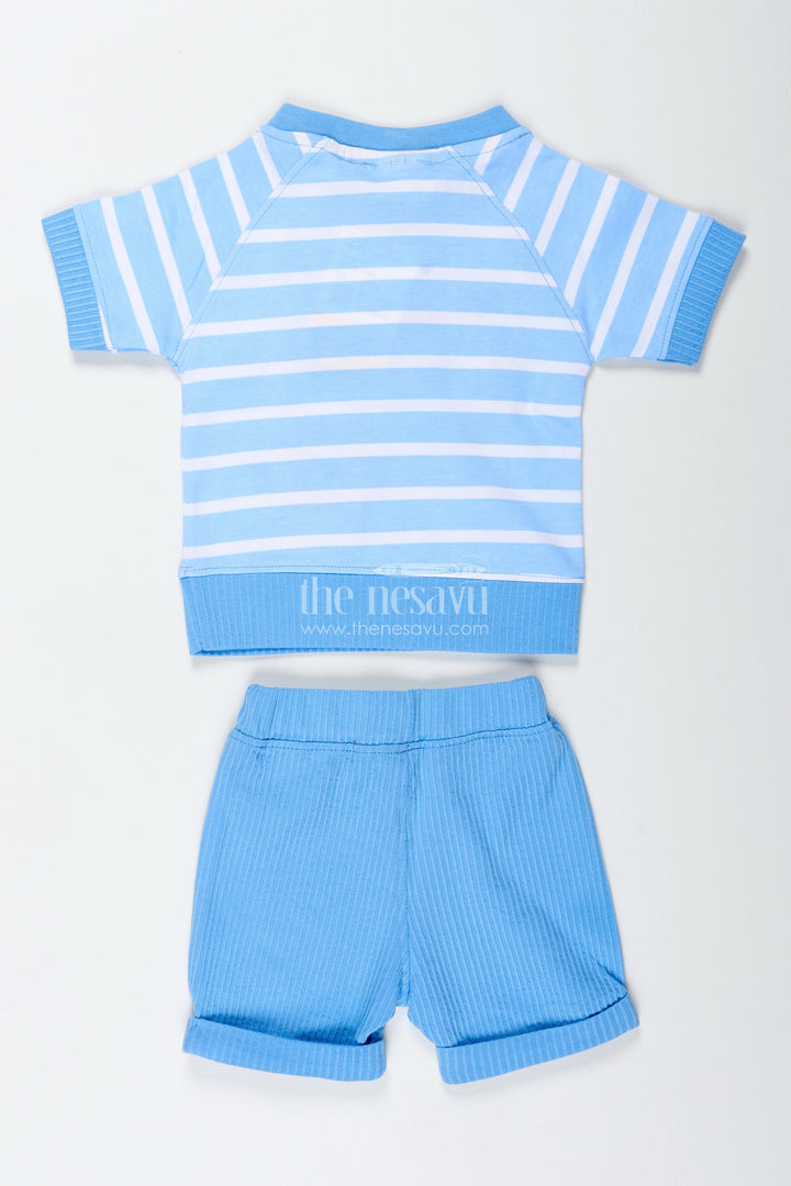 The Nesavu Boys Casual Set Boys White Stripes Dress Set in Cotton with Animal Digital Print and Blue Shorts for Everyday Adventures Nesavu Nesavu Boys White Stripes Dress Set Animal Digital Print Tee Soft Cotton Blue Shorts