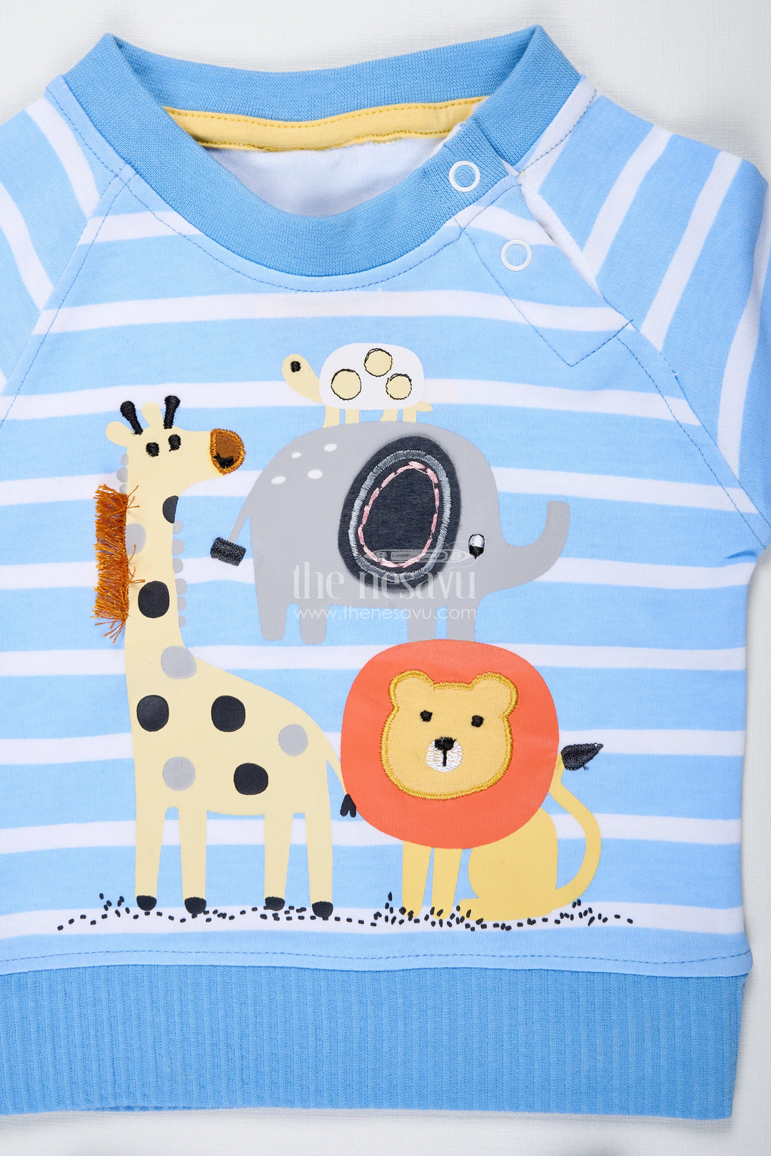 The Nesavu Boys Casual Set Boys White Stripes Dress Set in Cotton with Animal Digital Print and Blue Shorts for Everyday Adventures Nesavu Nesavu Boys White Stripes Dress Set Animal Digital Print Tee Soft Cotton Blue Shorts