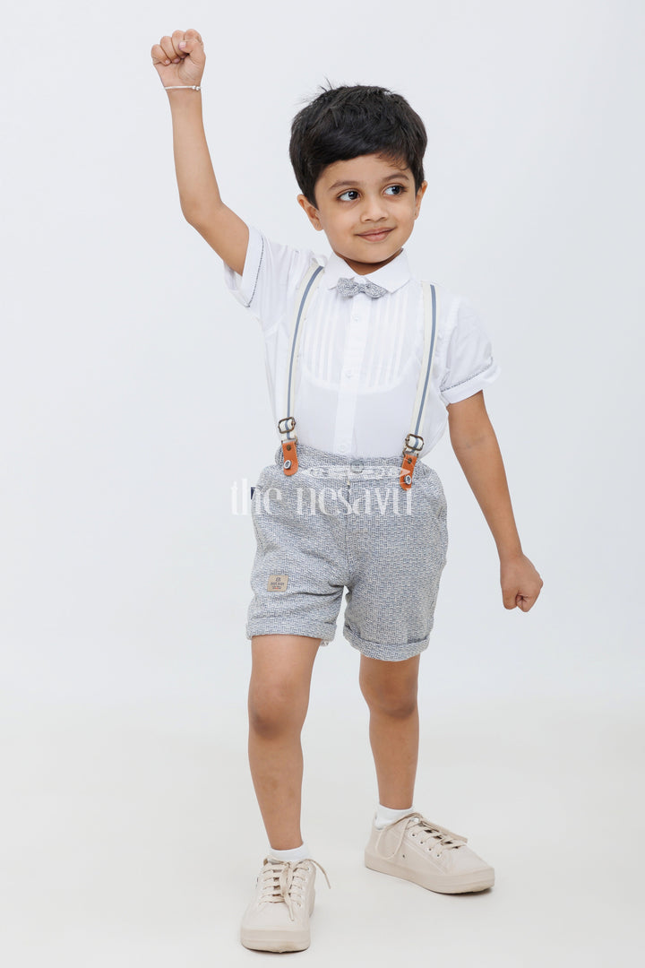 The Nesavu Boys Casual Set Boys White Tuxedo Shirt with Anchor Embroidery and Striped Shorts Set Nesavu 14 (6M) / White BCS121A-14 Boys White Tuxedo Shirt with Anchor Embroidery and Striped Shorts Set Nesavu