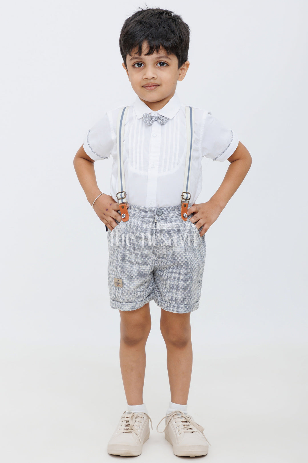 The Nesavu Boys Casual Set Boys White Tuxedo Shirt with Anchor Embroidery and Striped Shorts Set Nesavu Boys White Tuxedo Shirt with Anchor Embroidery and Striped Shorts Set Nesavu