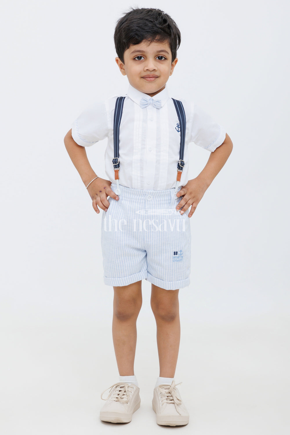 The Nesavu Boys Casual Set Boys White Tuxedo Shirt with Anchor Embroidery and Striped Shorts Set Nesavu Boys White Tuxedo Shirt with Anchor Embroidery and Striped Shorts Set Nesavu