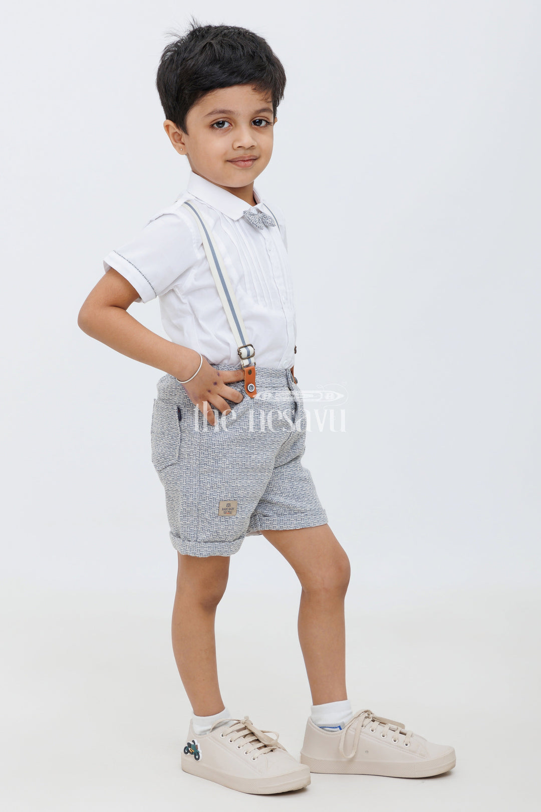 The Nesavu Boys Casual Set Boys White Tuxedo Shirt with Anchor Embroidery and Striped Shorts Set Nesavu Boys White Tuxedo Shirt with Anchor Embroidery and Striped Shorts Set Nesavu