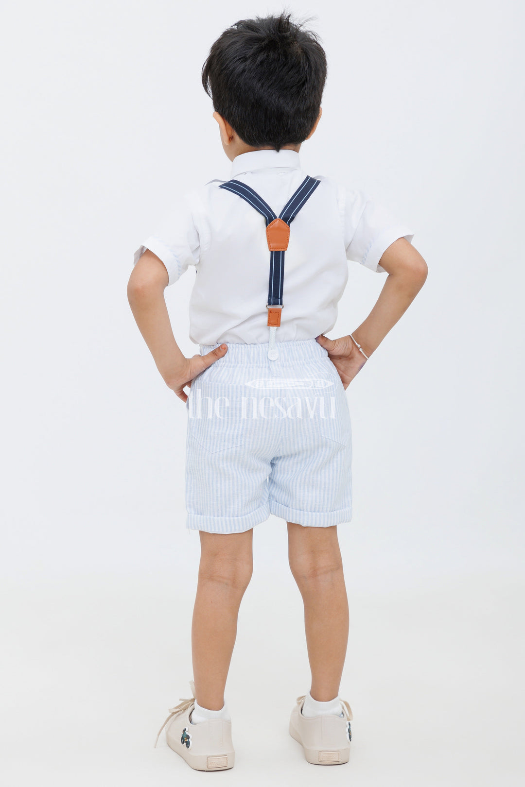 The Nesavu Boys Casual Set Boys White Tuxedo Shirt with Anchor Embroidery and Striped Shorts Set Nesavu Boys White Tuxedo Shirt with Anchor Embroidery and Striped Shorts Set Nesavu