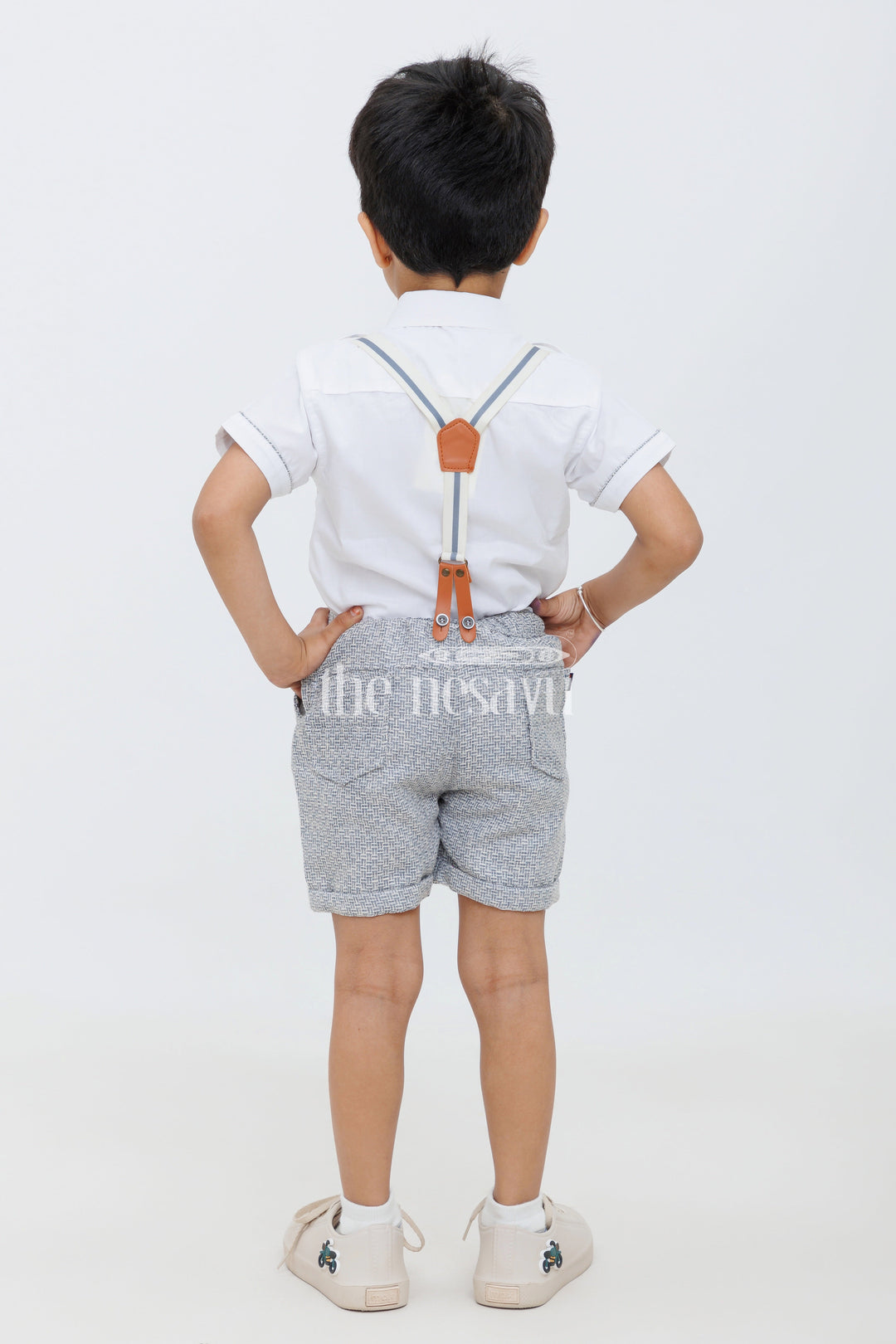 The Nesavu Boys Casual Set Boys White Tuxedo Shirt with Anchor Embroidery and Striped Shorts Set Nesavu Boys White Tuxedo Shirt with Anchor Embroidery and Striped Shorts Set Nesavu