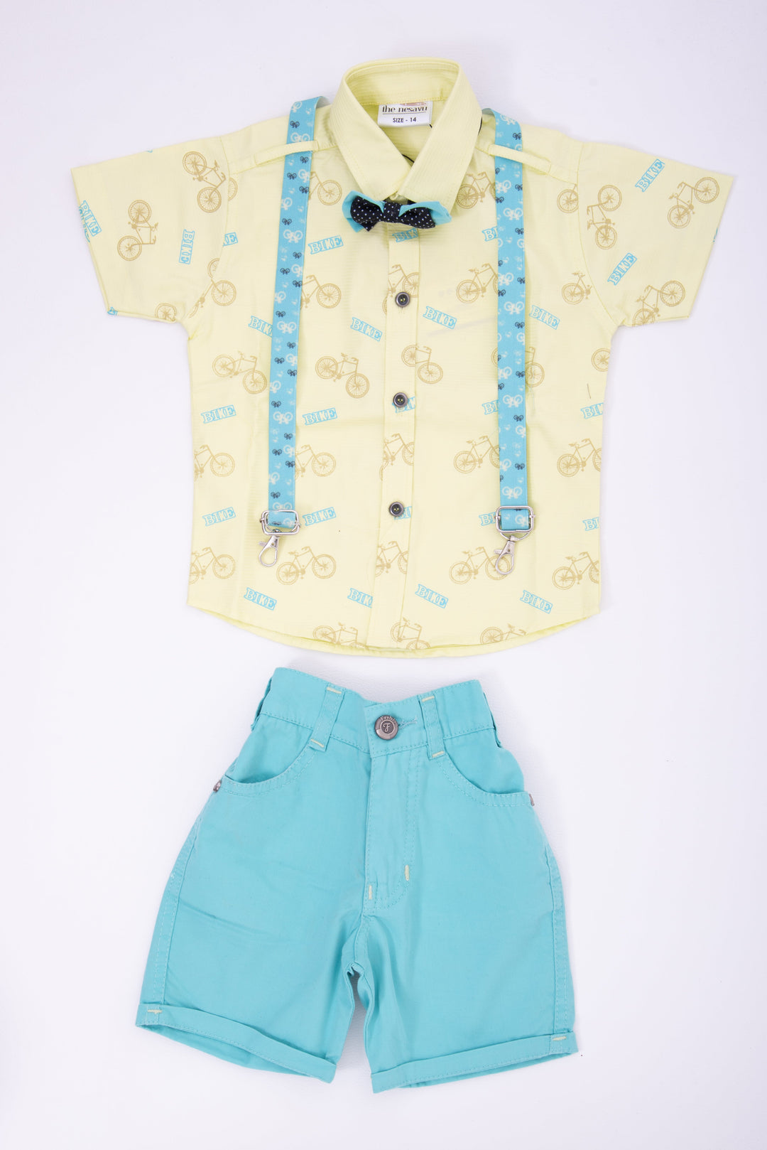 The Nesavu Boys Casual Set Boys' Yellow & Blue Bicycle Print Suspender Set Nesavu 14 (6M) / Blue BCS089A-14 Boys' Yellow & Blue Bicycle Print Suspender Set - Playful Summer Outfit