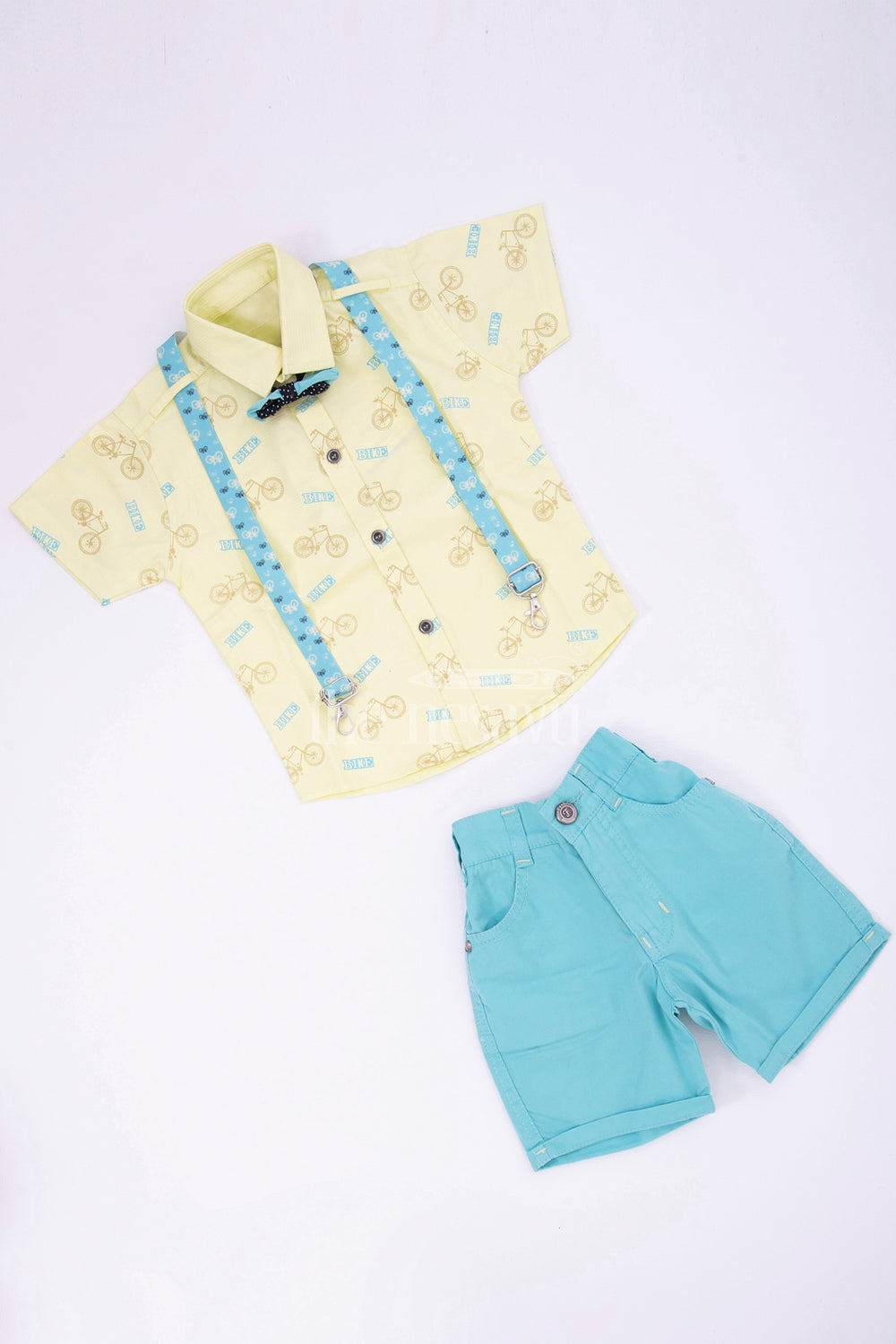 The Nesavu Boys Casual Set Boys' Yellow & Blue Bicycle Print Suspender Set Nesavu Boys' Yellow & Blue Bicycle Print Suspender Set - Playful Summer Outfit