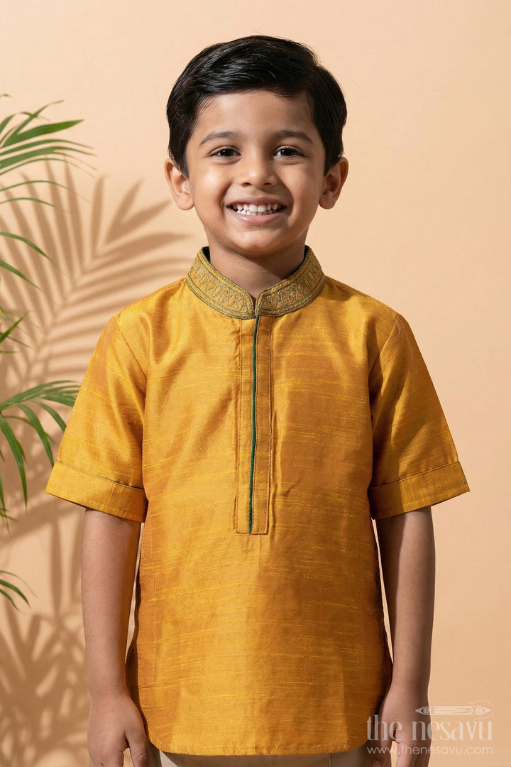 The Nesavu Boys Kurtha Shirt Boys Yellow Cotton Blend Shirt with Decorative Collar and Fine Stitching for Business Casual Shirts Look Nesavu 16 (1Y) / Yellow BS142A-16 Nesavu Boys Yellow Cotton Blend Shirt Stylish Collar Smart Casual Business Design