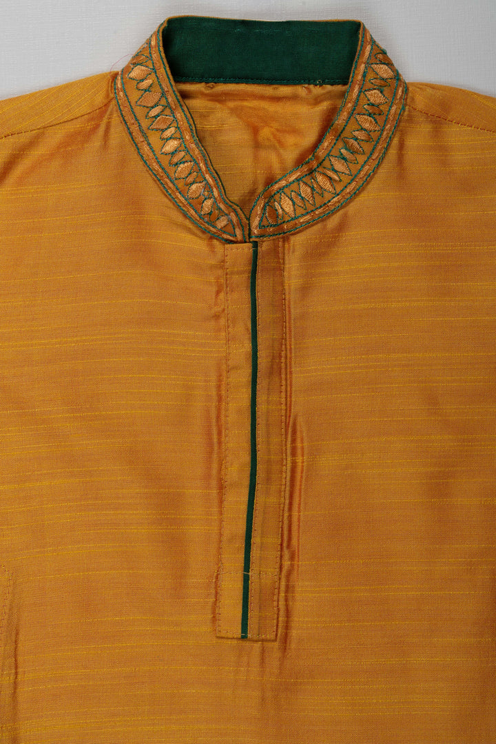 The Nesavu Boys Kurtha Shirt Boys Yellow Cotton Blend Shirt with Decorative Collar and Fine Stitching for Business Casual Shirts Look Nesavu Nesavu Boys Yellow Cotton Blend Shirt Stylish Collar Smart Casual Business Design