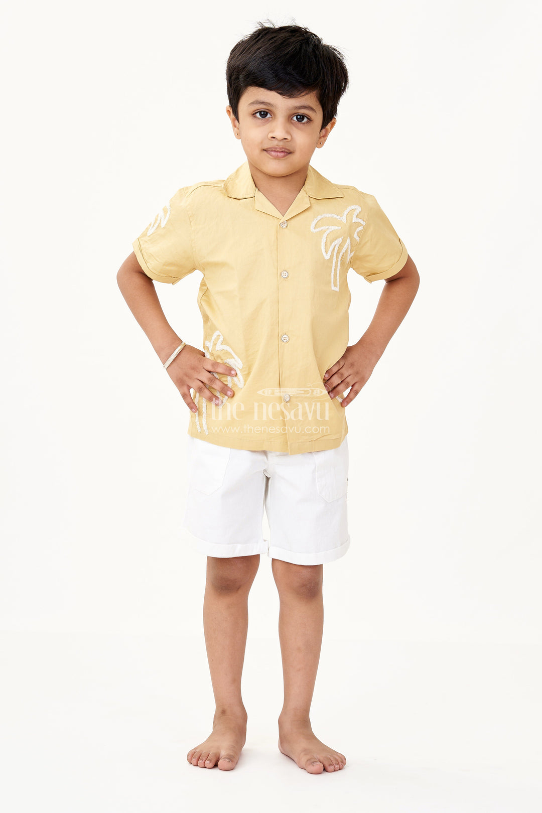 The Nesavu Boys Casual Set Boys Yellow Cotton Casual Two Piece Short Set with Chenille Embroidery and White Drawstring Shorts Nesavu 20 (3Y) / Yellow BCS221B-20 Boys Yellow Chenille Embroidered Cotton Shirt Shorts Set Casual Two Piece Summer Look | The Nesavu