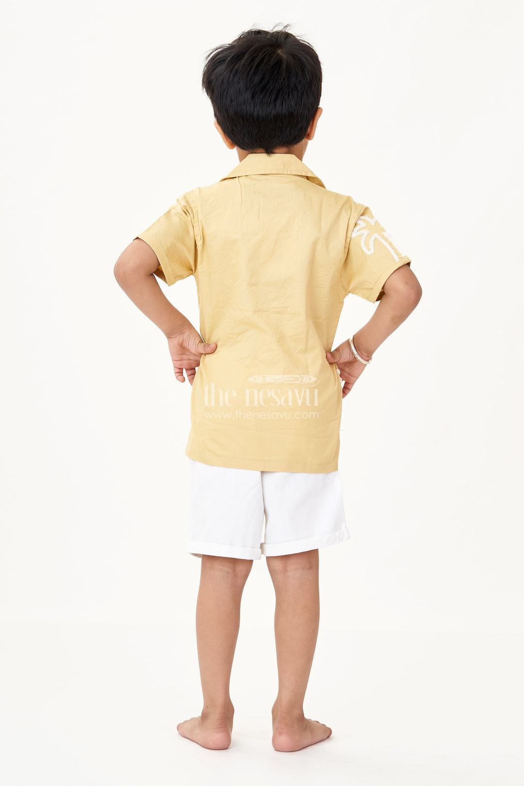 The Nesavu Boys Casual Set Boys Yellow Cotton Casual Two Piece Short Set with Chenille Embroidery and White Drawstring Shorts Nesavu Boys Yellow Chenille Embroidered Cotton Shirt Shorts Set Casual Two Piece Summer Look | The Nesavu