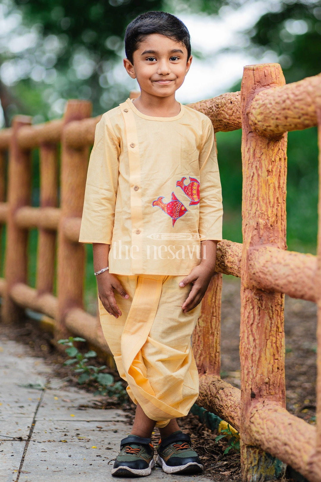 The Nesavu Boys Dothi Set Boys Yellow Cotton Dhoti Set with Vibrant Fish Motifs for Festive Events and Cultural Celebrations Nesavu 10 (NB) / Yellow BES584B-10 Nesavu Boys Yellow Dhoti Set Fish Motifs Side-Button Kurta Festivals Celebrations