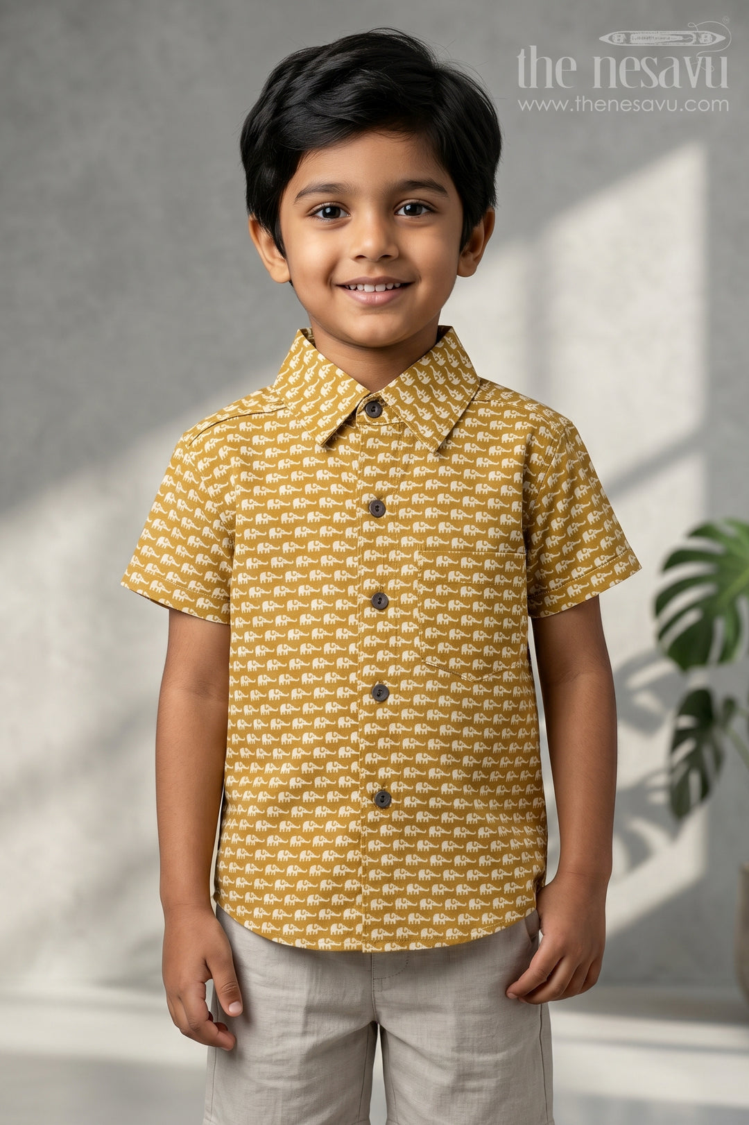 The Nesavu Boys Cotton Shirt Boys Yellow Cotton Shirt for Casual Outings and Summer Wear Nesavu 20 (3Y) / Yellow / Cotton BS498A-20 Nesavu Boys Yellow Cotton Shirt With Elephant Digital Print For Casual And Summer Wear