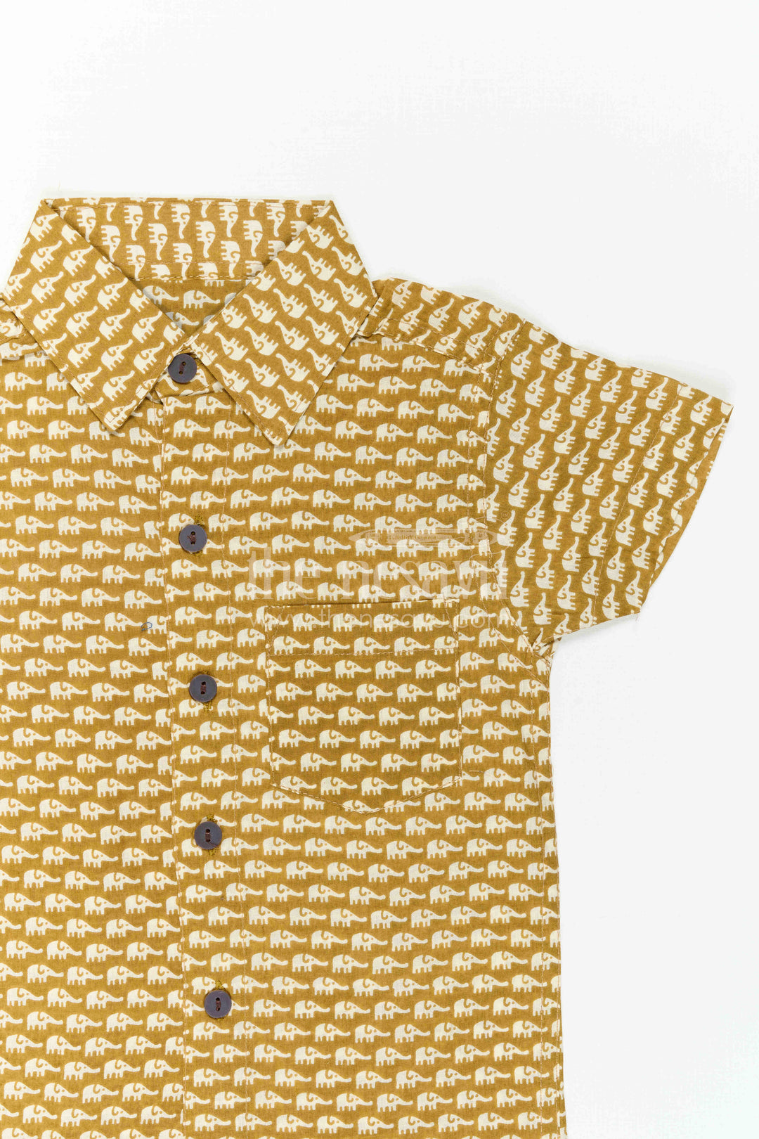 The Nesavu Boys Cotton Shirt Boys Yellow Cotton Shirt for Casual Outings and Summer Wear Nesavu Nesavu Boys Yellow Cotton Shirt With Elephant Digital Print For Casual And Summer Wear