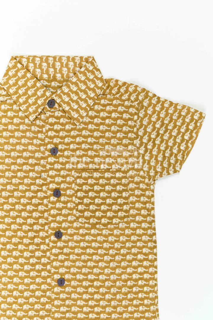 The Nesavu Boys Cotton Shirt Boys Yellow Cotton Shirt for Casual Outings and Summer Wear Nesavu Nesavu Boys Yellow Cotton Shirt With Elephant Digital Print For Casual And Summer Wear