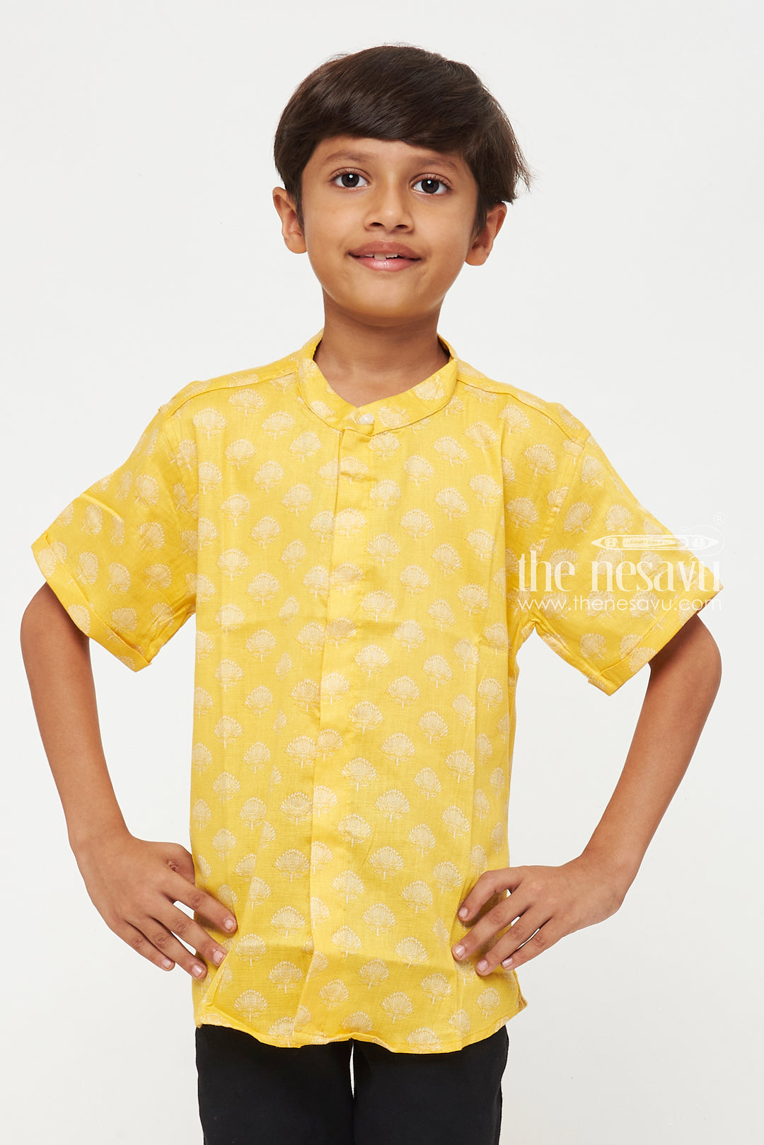 The Nesavu Boys Cotton Shirt Boys Yellow Cotton Shirt with Subtle Tree Pattern – Festive Wear Nesavu Boys Yellow Cotton Shirt with Subtle Tree Pattern | Festive Wear | The Nesavu