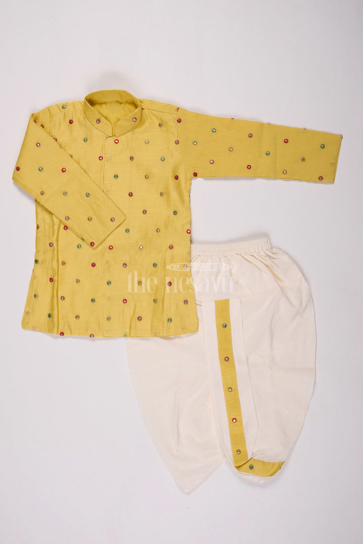 The Nesavu Boys Dothi Set Boys Yellow Dhoti Style Dress in Chanderi with Embroidered Accents Nesavu 10 (NB) / Yellow BES595C-10 Nesavu Boys Yellow Chanderi Dhoti Style Outfit Festive Embroidery