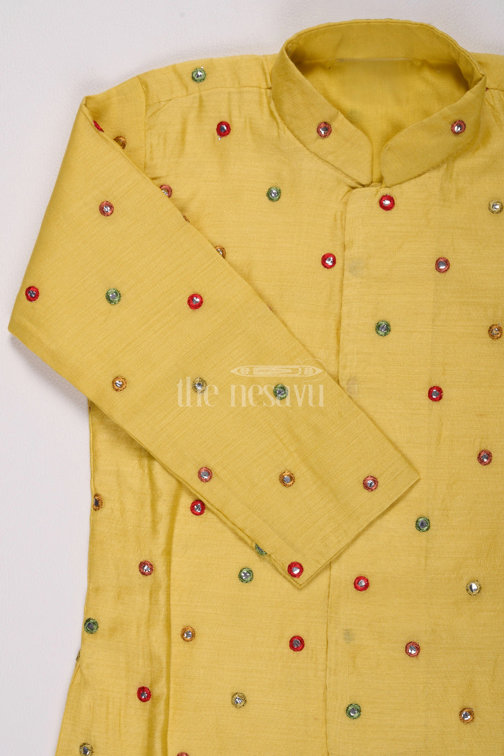 The Nesavu Boys Dothi Set Boys Yellow Dhoti Style Dress in Chanderi with Embroidered Accents Nesavu Nesavu Boys Yellow Chanderi Dhoti Style Outfit Festive Embroidery