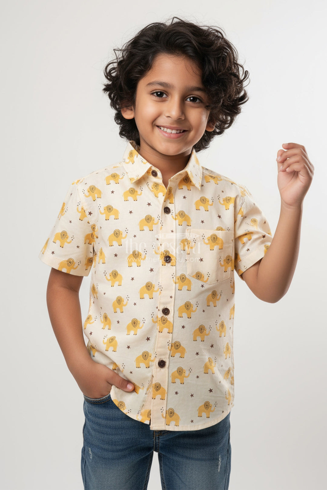 The Nesavu Boys Cotton Shirt Boys Yellow Elephant Print Shirt for School Ethnic Day and Festive Wear Nesavu 20 (3Y) / Yellow BS327B-20 Nesavu boys yellow cotton shirt elephant print  ideal school ethnic day casual festive wear