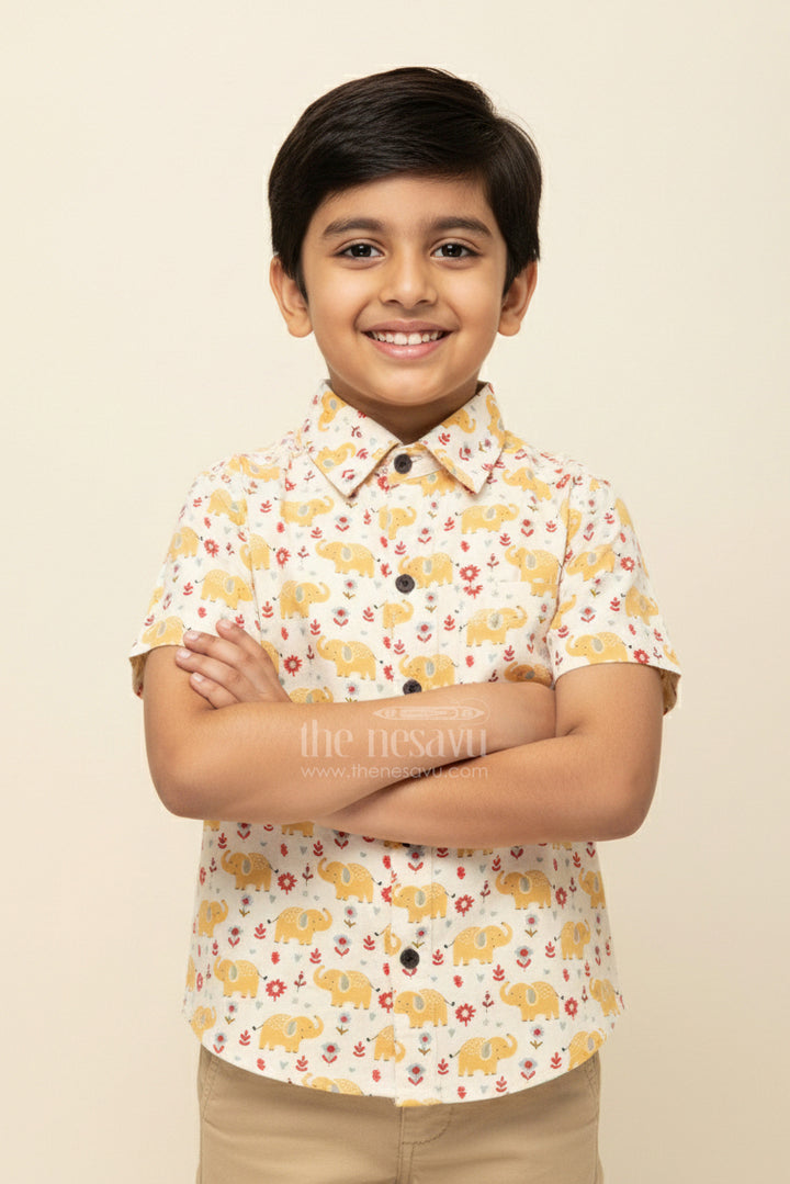 The Nesavu Boys Cotton Shirt Boys Yellow Elephant Printed Shirt for Ethnic Day and Festive Fun Nesavu 20 (3Y) / Yellow BS322A-20 Nesavu boys yellow elephant print cotton shirt  perfect festive school functions birthdays