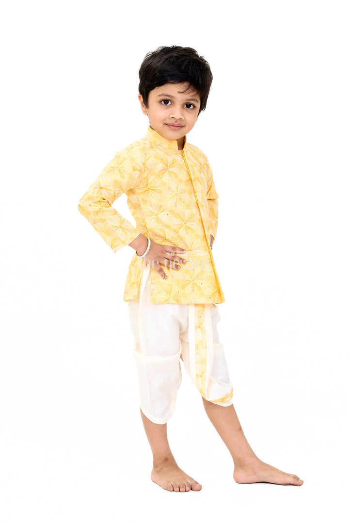 The Nesavu Boys Dothi Set Boys Yellow Embroidered Kurta with White Dhoti for Wedding and Festive Wear Nesavu 10 (NB) / Yellow BES623B-10 Boys Yellow Embroidered Kurta White Dhoti Wedding Festive Wear | The Nesavu