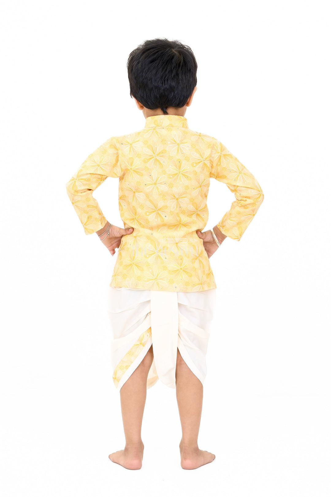 The Nesavu Boys Dothi Set Boys Yellow Embroidered Kurta with White Dhoti for Wedding and Festive Wear Nesavu Boys Yellow Embroidered Kurta White Dhoti Wedding Festive Wear | The Nesavu