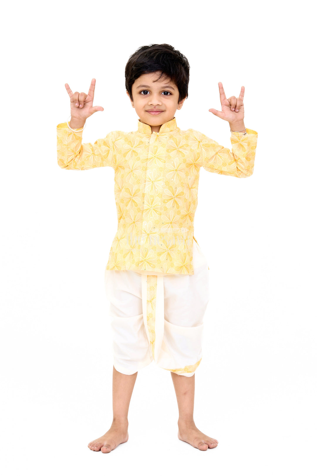 The Nesavu Boys Dothi Set Boys Yellow Embroidered Kurta with White Dhoti for Wedding and Festive Wear Nesavu Boys Yellow Embroidered Kurta White Dhoti Wedding Festive Wear | The Nesavu