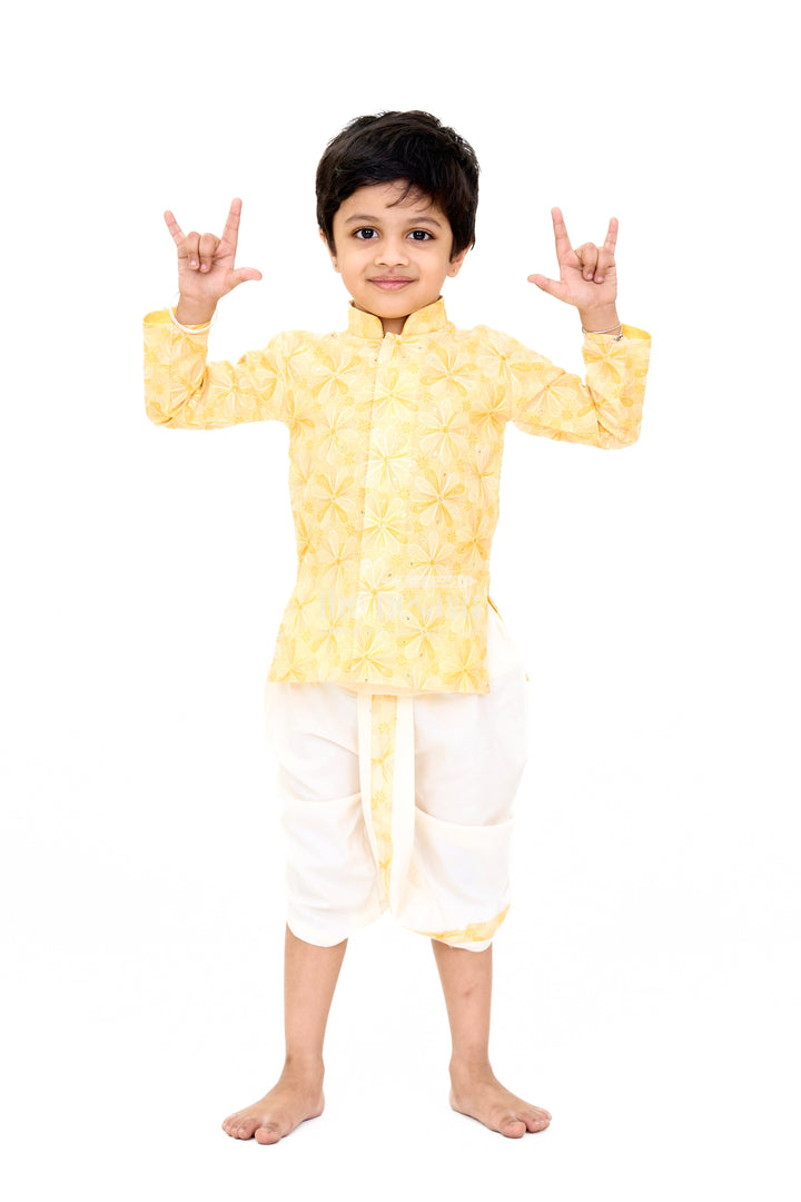 The Nesavu Boys Dothi Set Boys Yellow Embroidered Kurta with White Dhoti for Wedding and Festive Wear Nesavu Boys Yellow Embroidered Kurta White Dhoti Wedding Festive Wear | The Nesavu