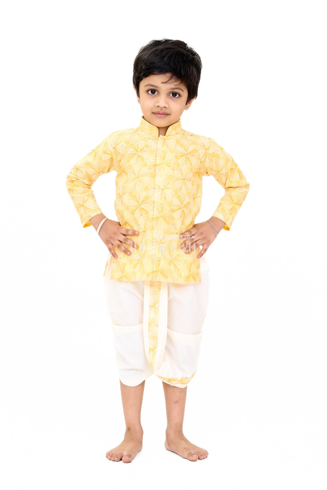 The Nesavu Boys Dothi Set Boys Yellow Embroidered Kurta with White Dhoti for Wedding and Festive Wear Nesavu Boys Yellow Embroidered Kurta White Dhoti Wedding Festive Wear | The Nesavu