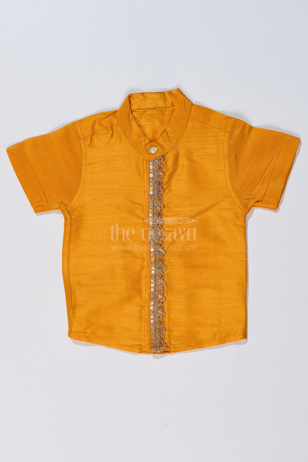 The Nesavu Boys Silk Shirt Boys Yellow Half Shirt in Silk Blend with Embroidered Panel for Festive and Traditional Wear Nesavu 16 (1Y) / Yellow BS237A-16 Nesavu Boys Yellow Silk Half Shirt Embroidered Panel Short Sleeves Festive Wear