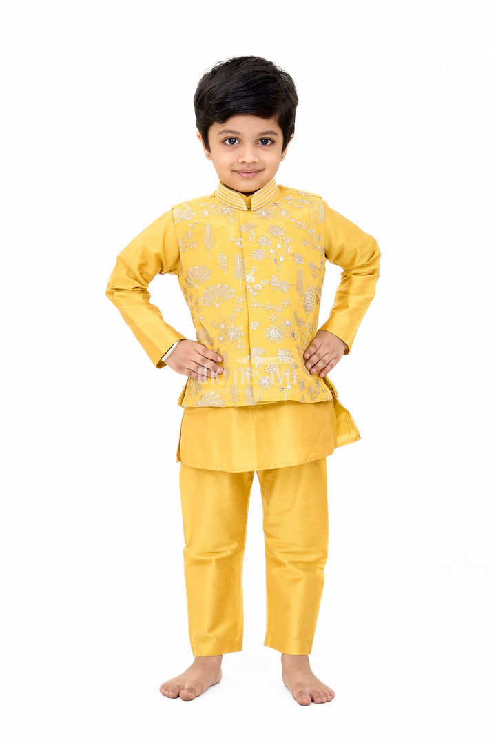The Nesavu Boys Jacket Sets Boys Yellow Jacket Set with Embroidered Jacket and Pants for Traditional Occasions Nesavu 14 (6M) / Yellow BES624B-14 Boys Yellow Kurta Set Embroidered Jacket Matching Pants Festive Wear | The Nesavu