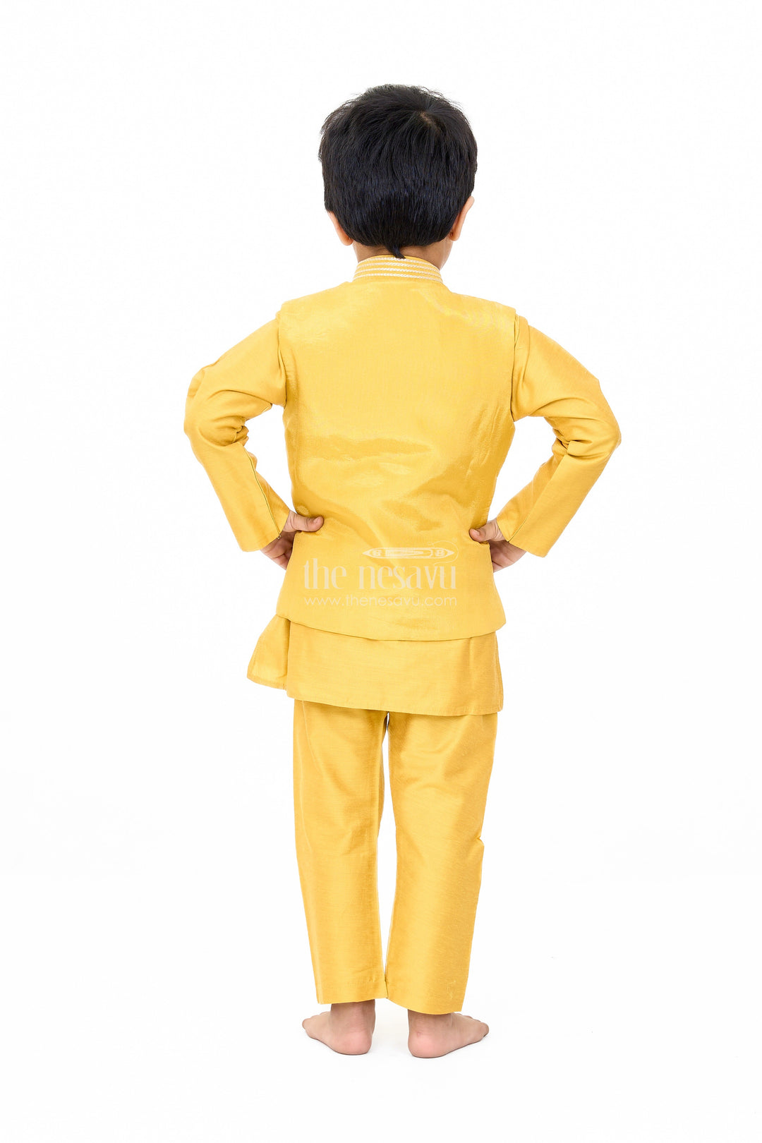 The Nesavu Boys Jacket Sets Boys Yellow Jacket Set with Embroidered Jacket and Pants for Traditional Occasions Nesavu Boys Yellow Kurta Set Embroidered Jacket Matching Pants Festive Wear | The Nesavu
