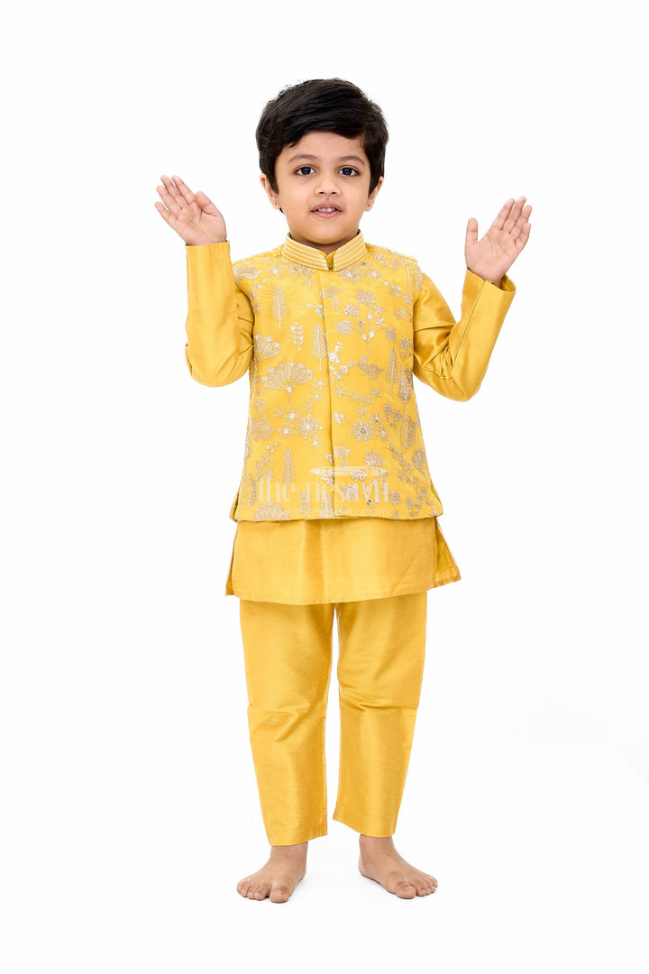 The Nesavu Boys Jacket Sets Boys Yellow Jacket Set with Embroidered Jacket and Pants for Traditional Occasions Nesavu Boys Yellow Kurta Set Embroidered Jacket Matching Pants Festive Wear | The Nesavu