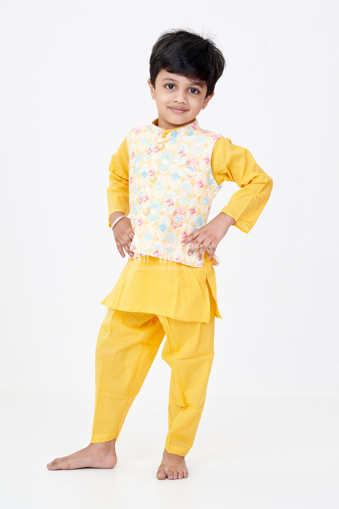 The Nesavu Boys Kurtha Set Boys Yellow Kurta Pant Set with Multicolor Printed Jacket in Elegant Festive Finish Nesavu 12 (3M) / Yellow BES668A-12 Boys Silk Blend Yellow Kurta Pant Set Multicolor Printed Jacket Festive Look | The Nesavu